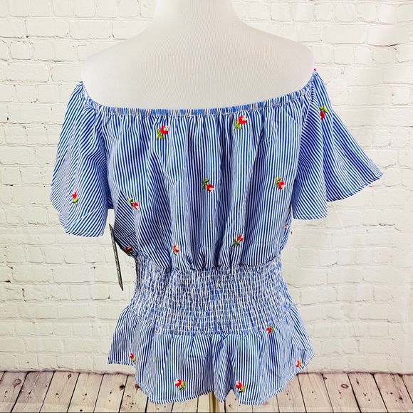 NEW Blue White Stripe Embroidered Peasant Blouse - Picture 9 of 15